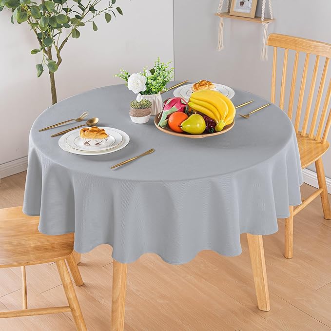 Hiasan Round Textured Tablecloth 60 Inch - Waterproof Spillproof Antiwrinkle Jacquard Table Cloth, Decorative Polyester Table Cover for Kitchen, Outdoor Picnic, Holiday and Parties, Silver Grey