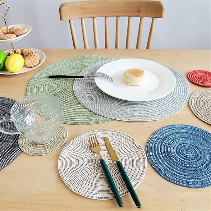 Farmhouse Braided Woven Placemats and Coasters Set Non-Slip Indoor Outdoor Coffee Kitchen Dining Table Mats(WP Gold,4 Sets)