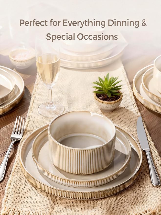 GBHOME 18-Piece Stoneware Dinnerware Set for 6 – Ribbed Ceramic Plates and Bowls, Scratch-Resistant, Microwave & Dishwasher Safe, Reactive Glaze, Cappuccino