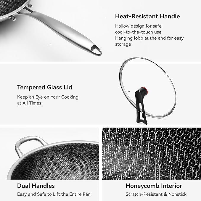 WANGYUANJI Upgraded Coating-Free 12.6" Stainless Steel Wok with Lid – Enhanced Multi-Layer Steel, Flat-Bottom Stir-Fry Pan, Honeycomb Surface, Induction & Oven Safe