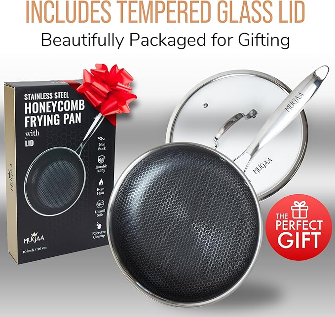 10” Non-Stick Stainless Steel Frying Pan with Lid | Honeycomb Hybrid Skillet for Induction, Gas & Electric Stovetops | Oven Safe, Dishwasher Safe | Premium Gift Packaging