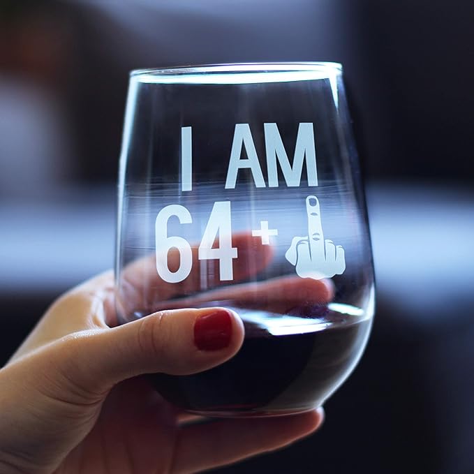 64 + 1-65th Birthday Stemless Wine Glass for Women & Men - Cute Funny Wine Gift Idea - Unique Personalized Bday Glasses for Mom, Dad, Friend Turning 65 - Drinking Party Decoration