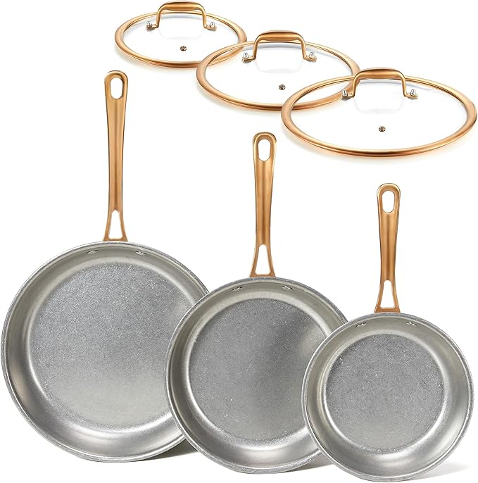 KOKHUB Tri-Ply Stainless Steel Frying Pans Set, 8"/9.5"/11" Vintage Cooking Pans with Lids, PFOA/PTFE/PFAS Free Skillet, Non-Toxic Induction Cookware, Dishwasher & Oven Safe, All Cooktops Compatible
