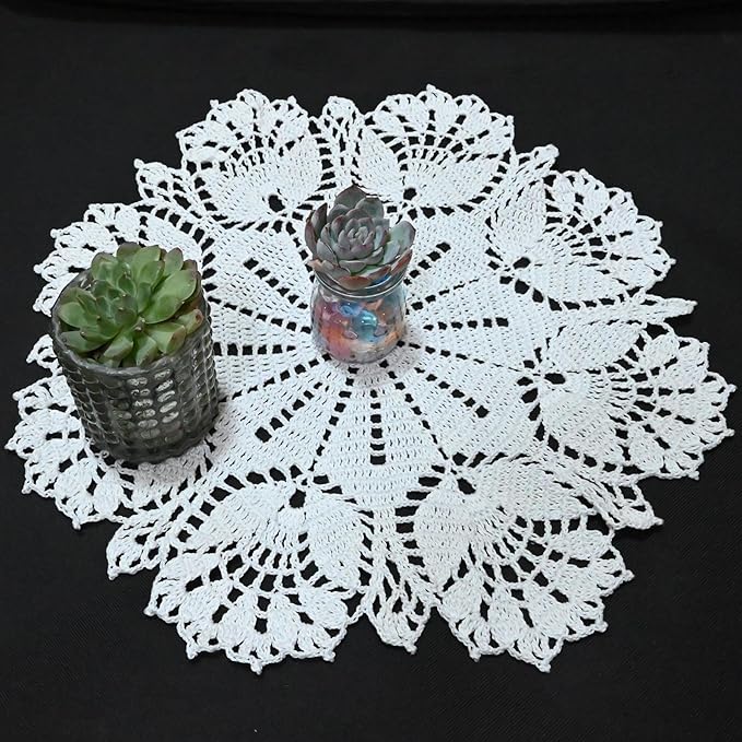 BIBITIME Tulip Flower Doilies Lace Doilies Kitchen Table Doily Mats Tablecloth Handmade Crochet Placemats Vase Dish Plate Mat (1 PC- 15 inches- 16 inches, White)