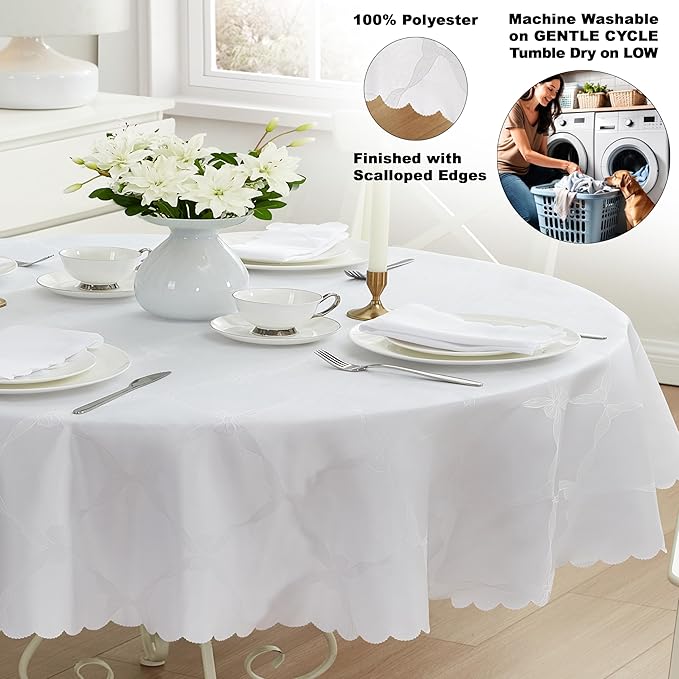 Newbridge Ribbons and Bows Damask Spring & Easter Holiday Fabric Tablecloth, White, 60 x 102 Inch Oval, Wrinkle & Stain Resistant Table Cover