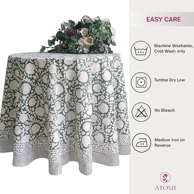 ATOSII Shalimar Green 100% Cotton Round Boho Fall Tablecloth, Handblock Floral Table Cloth Linen for Kitchen Dining I Parties Wedding Outdoors Christmas Thanksgiving I Fall Home Decor 72" Inches Round