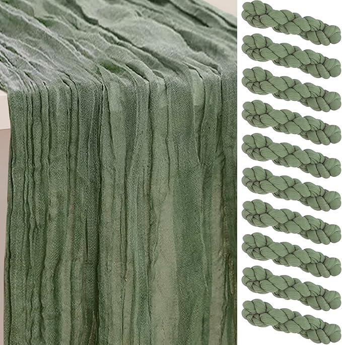 10 Pack Sage Green Cheesecloth Table Runner 35x120 Inch 10Ft Rustic Gauze Cheese Cloth Table Runner Sheer Cheesecloth Table Runners for Wedding Party Bridal Shower Decoration