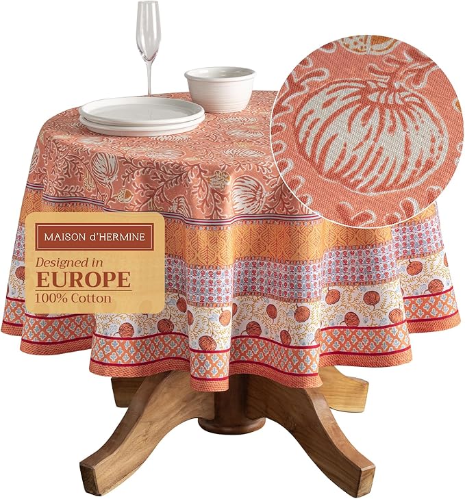 Maison d' Hermine Table Cloth Round Table 100% Cotton 63 Inches Fall Tablecloth Reusable Everyday Use for Thanksgiving Christmas Decorations Dining Farmhouse Party (Harvest Festival)