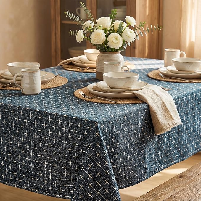 Horaldaily Navy Blue Rectangular Table Cloth, Cross-Star Solid Textured Embroidery Tablecloth, Wrinkle Free Washable 60×140 Inch Table Cover for Kitchen, Party, Wedding, Picnic, Outdoor