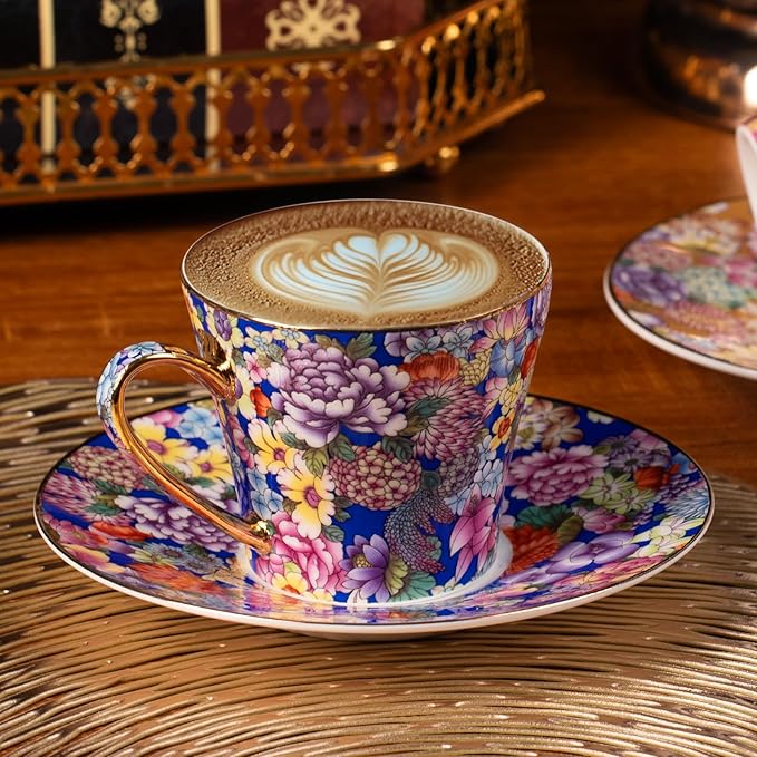 KAMMAK Tea Cups and Saucers Set of 2, Porcelain Coffee Cup with Saucer for Espresso, Cappuccino, 7.5oz Vintage Yellow Floral Ceramic Novelty Mug for Home, Tea Party, Office