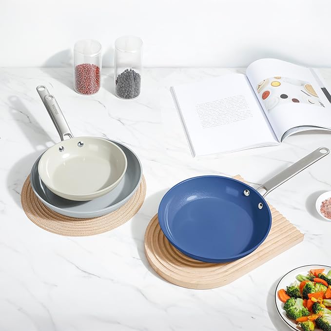 MsMk 5-Piece Ceramic Non Stick Pans Set 8, 10, 12 Inch Frying Pans, 10inch and 12 Inch with Tempered Glass Lids, Stay-Cool Handles, Oven Safe 700℉, Compatible with All Cooktops