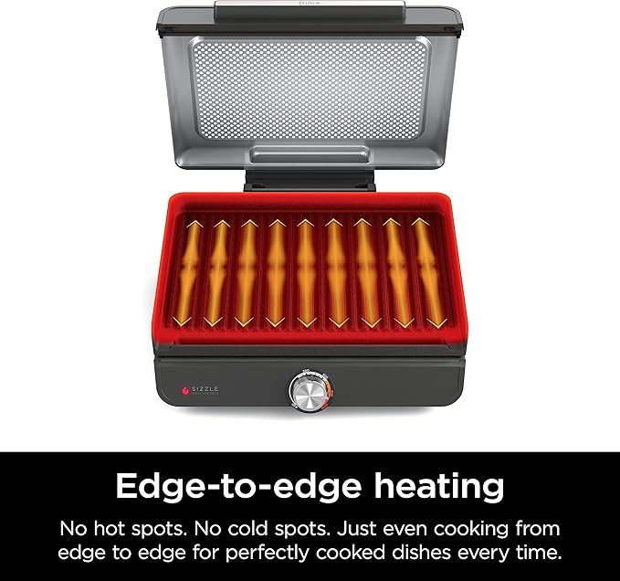 Ninja GR101 Sizzle Smokeless Indoor Grill & Griddle (Renewed), 14′′ Interchangeable Nonstick Plates, Dishwasher-Safe Removable Mesh Lid, 500F Max Heat, Even Edge-to-Edge Cooking, Grey/Silver