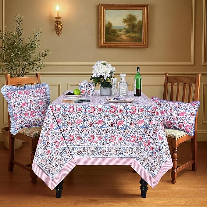 Ridhi Hand Block Print Pigeon Blue Flamingo Pink Rectangle Cotton Tablecloth 160" x 72" Reusable Table Cover Decorative Everyday Use for Dining, Farmhouse, Home Gift for Spring, Easter, Valentine