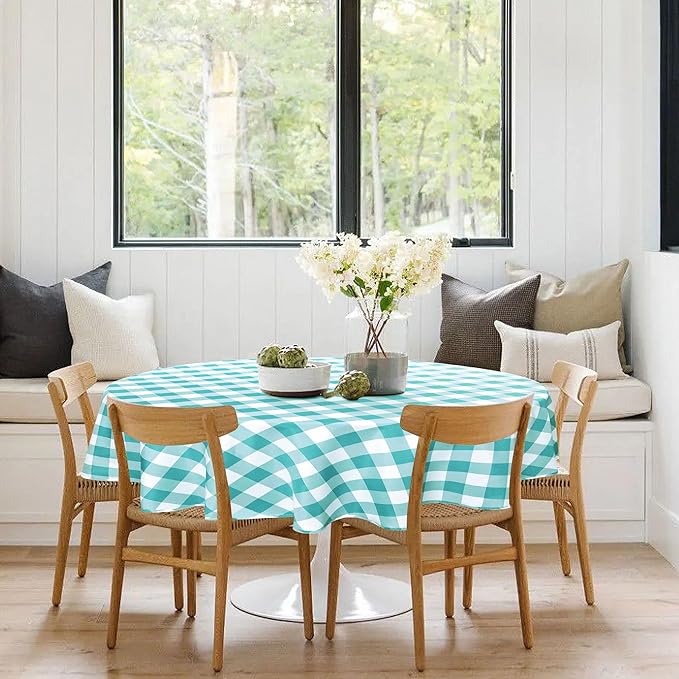Hiasan Checkered Round Tablecloth 120 Inch - Waterproof Stain and Wrinkle Resistant Washable Fabric Table Cloth for Dining Room Party Outdoor Picnic,Aqua and White