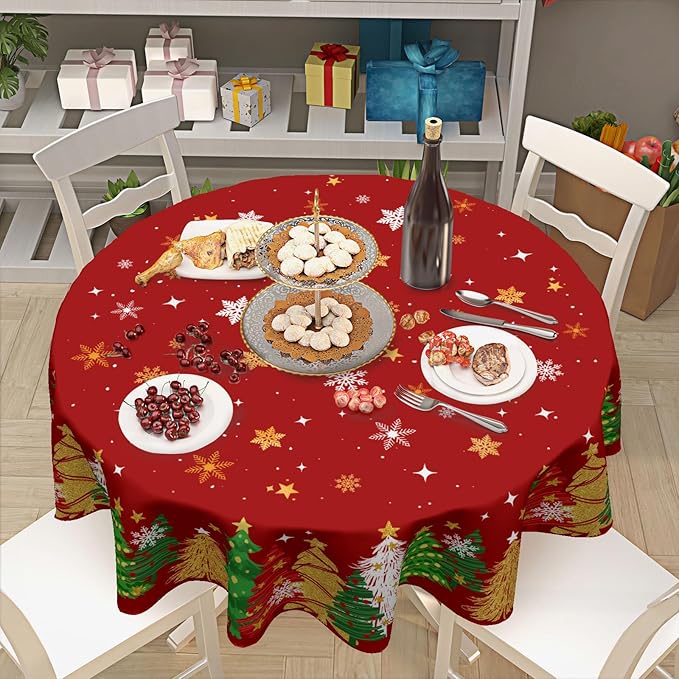 Christmas Tablecloth Round 60 Inch Xmas Theme Red and Gold Trees Snowflake Decorative Table Cloth Winter Holiday Table Cover for Kitchen Dinner Home Decor