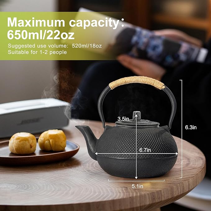suyika Japanese Tetsubin Cast Iron Teapot Tea Kettle pot with Stainless Steel Infuser for Stovetop Safe Coated with Enameled Interior 22 oz/650 ml