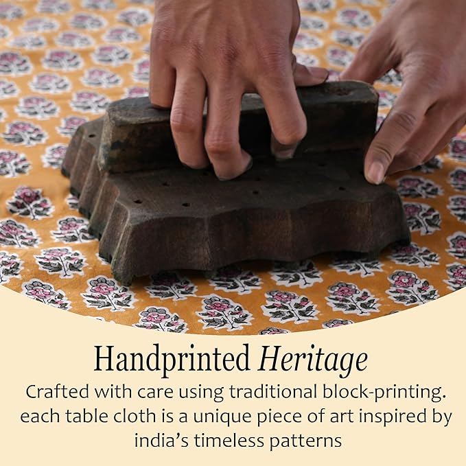CPC Tablecloth 100% Cotton 80x120 Inch Indian Block Print Rectangle Table Cover, Gray Table Cloth for Weddings, Spring/Summer, Barbeque - Yellow Citrine