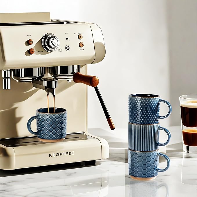 GBhome 15OZ Stackable Coffee Mugs, Ceramic Coffee Cups with Texture Patterns for Man,Woman,Dad,Mom, Modern Mugs Set of 4 for Latte/Cappuccino/Cocoa. Dishwasher&Microwave Safe, Blue
