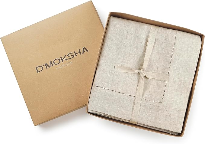 D'Moksha Homes Light Natural Linen Tablecloth for Rectangle Tables 60 x 144 Inch - 100% Pure Linen Natural Table Cloth - Classic Hemstitch, Machine Washable Dining Tablecloth for Valentines, Easter
