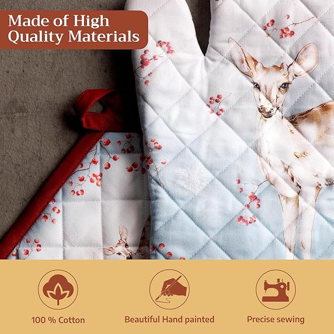Maison d' Hermine 100% Cotton Oven Mitt & Pot Holder Set (7.5"x13" & 8"x8") Heat Resistant BBQ Cooking Gloves with Loop for Thanksgiving Christmas Decorations Handling Hot Pans (Fairy Tale Forest)