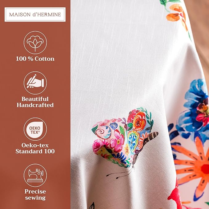 Maison d' Hermine Table Cloth Round Table 100% Cotton 63 Round Inches Tablecloth Reusable Decorative for Dining Room Farmhouse Home Valentines Day Decorations Spring Summer- Happy Florals -High Summer