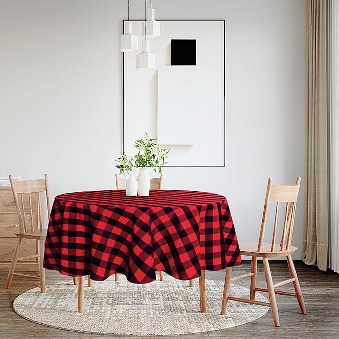 Hiasan Checkered Round Tablecloth 45 Inch - Waterproof Stain and Wrinkle Resistant Washable Fabric Table Cloth for Christmas, Dining Room, Party, Outdoor Picnic, Black and Red