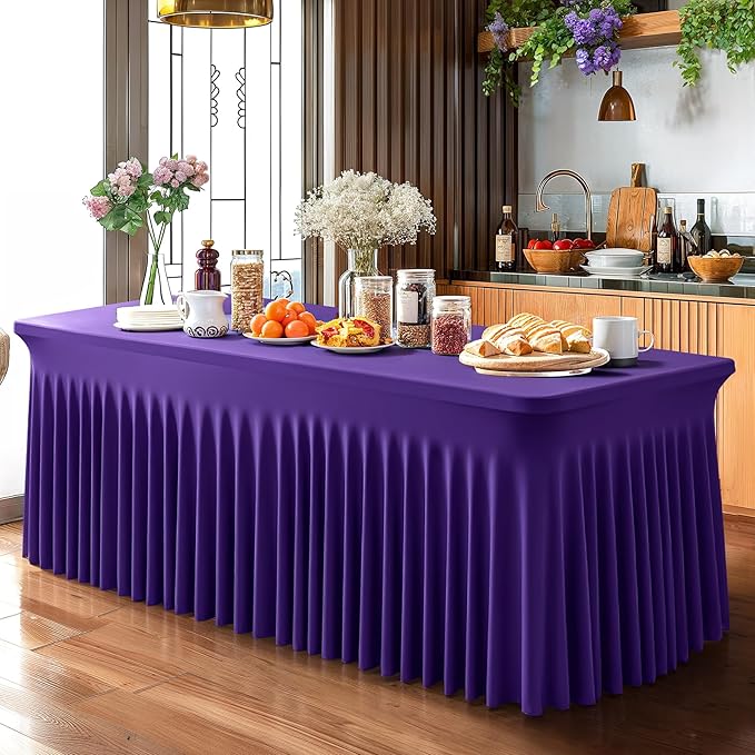 6 Packs Purple Spandex Table Covers 8 Foot, Fitted Stretch Table Cloth with Skirts 96x30 Inch, Wrinkle-Free Floor Length Rectangle Tablecloths for Trade Show Weddings Parties Banquets Events