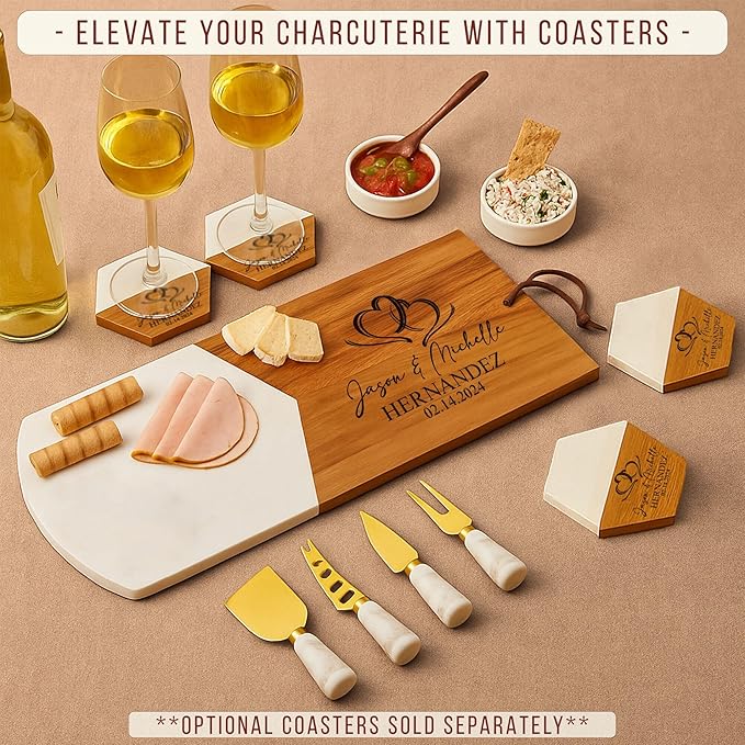 Personalized Charcuterie Board Gift Set – Custom Acacia & Marble Cheese Board with Utensils, Wedding, Housewarming, Couples, Bridal Shower, Engagement, Women, Men, Valentines Day Gifts for Her, Him