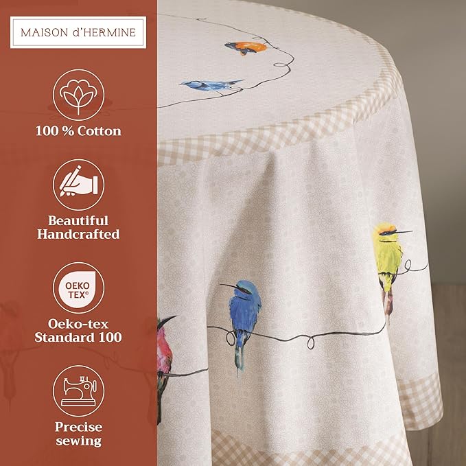Maison d' Hermine Table Cloth Round Table 100% Cotton 69 Round Inches Tablecloth Reusable Decorative for Dining Room Farmhouse Home Valentines Day Decorations Spring Summer - Birdies on Wire