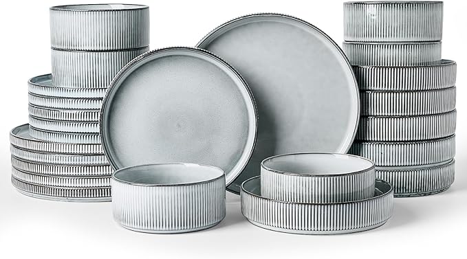 Famiware Star Dinnerware Set with Pasta Bowls, Service for 6 (24 Pieces), Ribbed Stoneware Plates and Double Bowls Sets - Chip & Scratch Resistant, Microwave & Dishwasher Safe Dishes, Smoky Blue