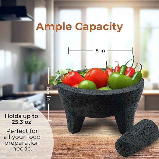 Molcajete Mexicano 8-Inch Guacamole Bowl with Pestle and Mortar Bowl Set, Volcanic Rock Molcajete, Oven Safe, Handmade in Mexico, Includes Cutting Board and Instructions, 750ml - Black Stone