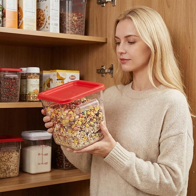 1 Pcs 4 Qt Square Food Storage Container with Lid, Clear Plastic Container with Lid and Scale in Green, Kitchen Organization Set for Home Kitchen, Restaurant Meal Prep (Red)