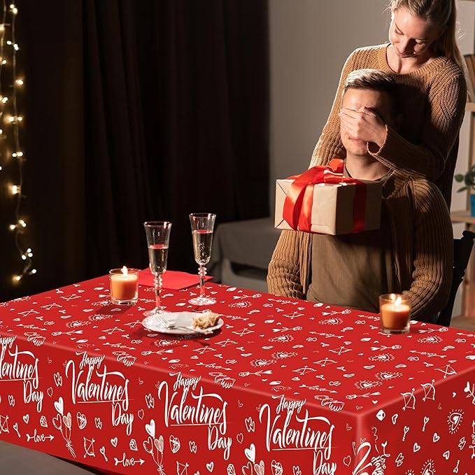 QZYL 2 PCS Valentines Decorations, Disposable 108" X 54" Valentines Tablecloths, Plastic Romantic Red Love Heart Tablecloths, Rectangle Love Table Covers, Valentine's Decorations for Memorable Tables