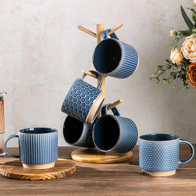 GBhome 12 OZ Stackable Coffee Mugs Set of 6, Ceramic Coffee Mugs with Texture Patterns for Man,Woman,Dad,Mom, Modern Coffee Cups for Latte/Cappuccino/Cocoa. Dishwasher&Microwave Safe