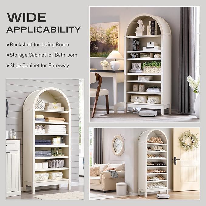 71" Tall Arched Bookshelf, 7 Tiers Arch Bookcase with Storage, Modern Farmhouse Book Shelf with Adjustable Shelves, Wood Bookshelf w/Open Display Shelves for Living Room, Office (Antique White)