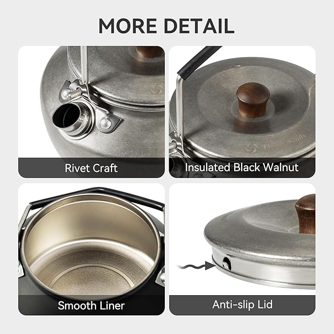 Thous Winds 0.6 Liter Lightweight Stainless Steel Camping Kettle Portable Camp Tea Pot, Outdoor Campfire Use, Retro Silver