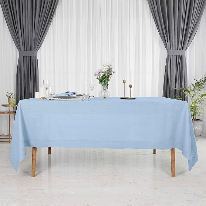 D'Moksha Homes Powder Blue Linen Tablecloth 60 x 120 Inch - 100% Pure Linen Hemstitch Tablecloth for Rectangle Tables - Classic Hemstitch, Machine Washable Table Cloth for Spring, Easter