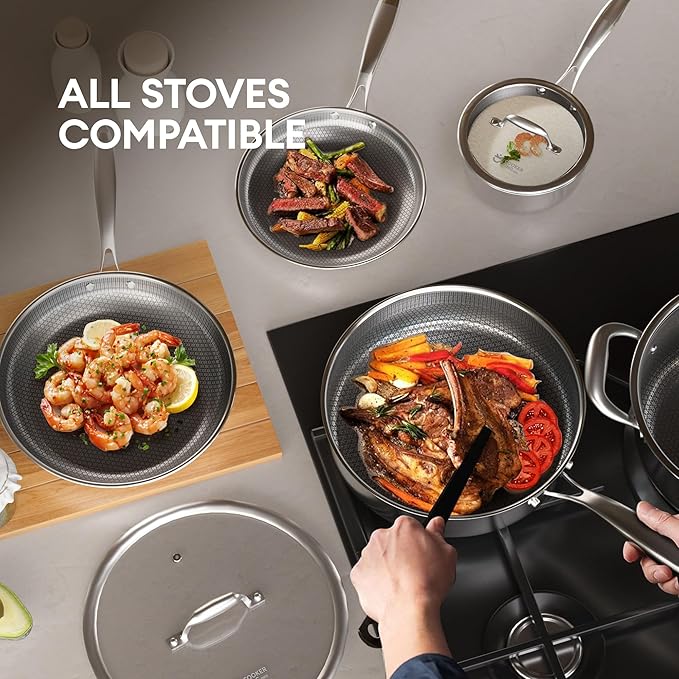 COOKER KING Stainless Steel Cookware Set, Pots and Pans Set Non Stick, Hybrid Ceramic Cookware,Non-Stick Frying Pans, Saucepan, Saute Pan & Stock Pot, Non-Toxic, Oven Safe, Induction Compatible