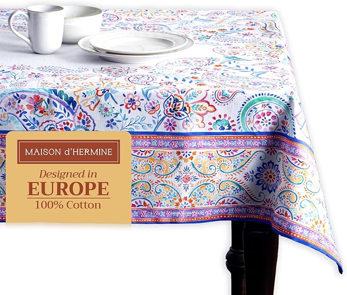 Maison d' Hermine Table Cloth Square Table 100% Cotton 54 x 54 Inches Tablecloth Reusable Decorative for Dining Room Farmhouse Home Valentines Day Decorations Spring Summer - Indian Floral