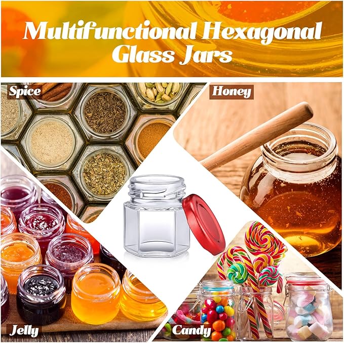 Nuogo 100 Pack 1.5oz Mini Hexagon Glass Jars Bulk for Wedding Small Honey Jars with Lids for Spice Canning Mason Gifts Candy Honey Wedding Party Favors DIY Crafts (Red)