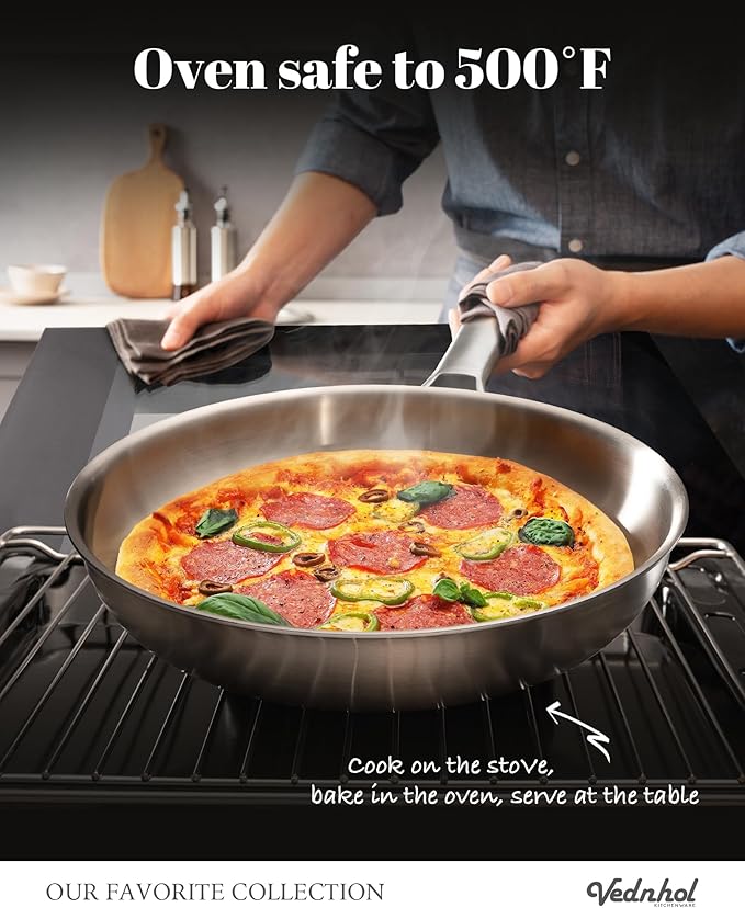 Stainless Steel Frying Pan with Stainless Steel Lid 12 Inch,Tri-Ply Stainless Steel Skillet,Brushed Steel Pan for Cooking,Dishwasher and Oven Safe,Induction&All Stove Compatible