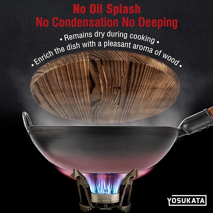 YOSUKATA 13.5” Blue Carbon Steel Wok Pan + Premium Wok Cover 13.5 inch Pan Lid