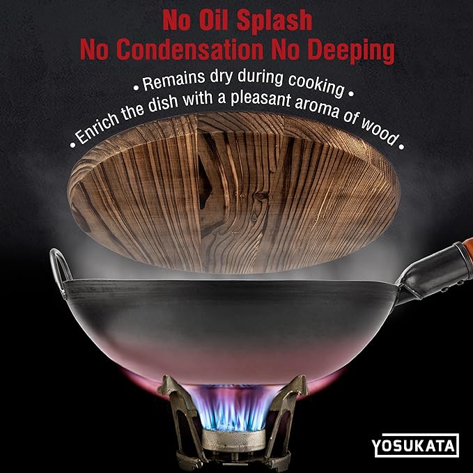 YOSUKATA Carbon Steel Wok Pan – 13,5 “ Stir Fry Pans with Flat Bottom + Premium Wok Cover 13.5 inch Pan Lid + 17’’ Spatula and Ladle