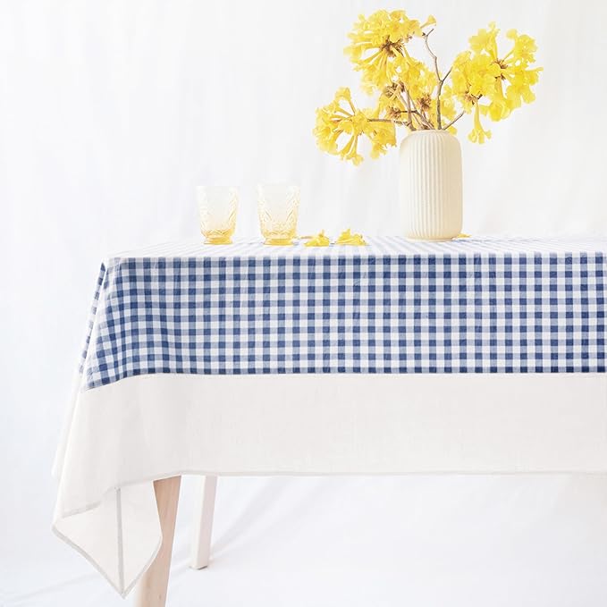 MONDAY MOOSE Gingham Checkered Farmhouse Rustic Picnic Style Decoration Rectangle Natural Stonewashed Cotton Tablecloth for Kitchen, Dining Room, Restaurant (60x102 inch, Blue/White)