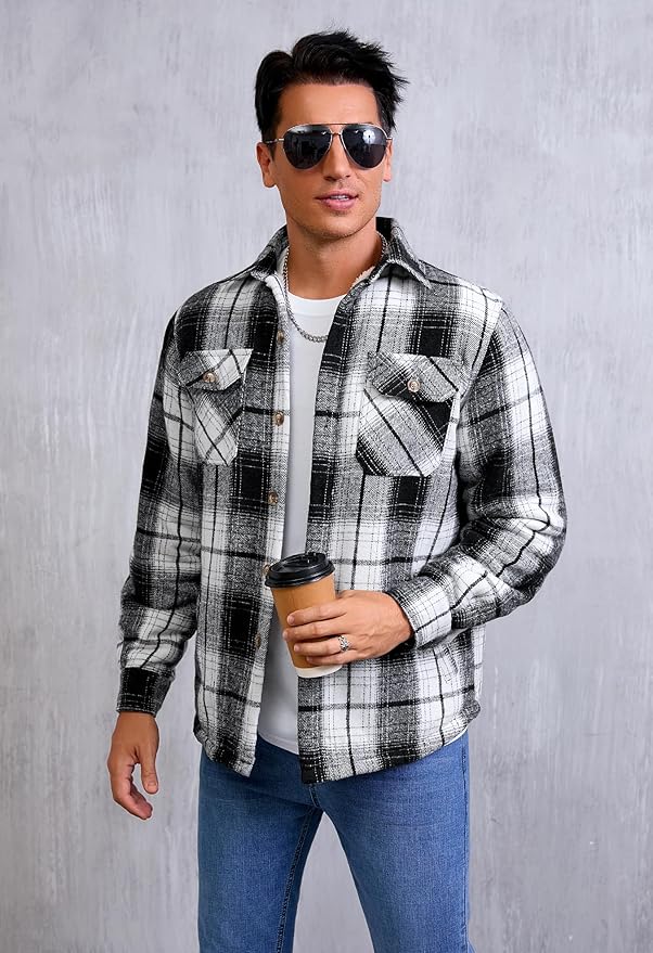 Men's Cotton Sherpa Lined Button Down Flannel Shirt Jacket Plaid Soft Outdoor Flannel Jacket Shirt