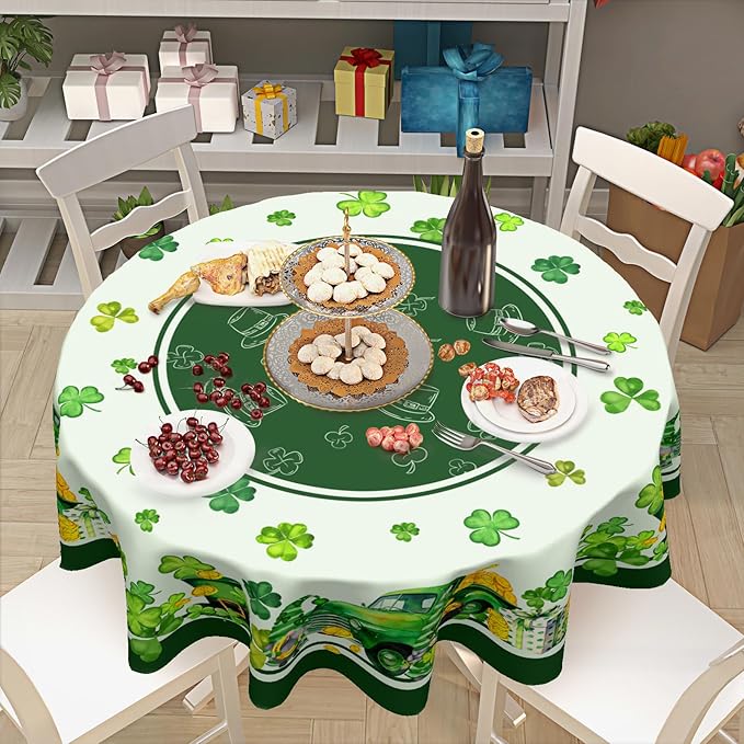 St Patricks Day Round Tablecloth 60 Inch Green St Patrick's Day Shamrocks Gnome Truck Table Cloth Spring Holiday Table Cover for Party Kitchen Dinner Home Decor