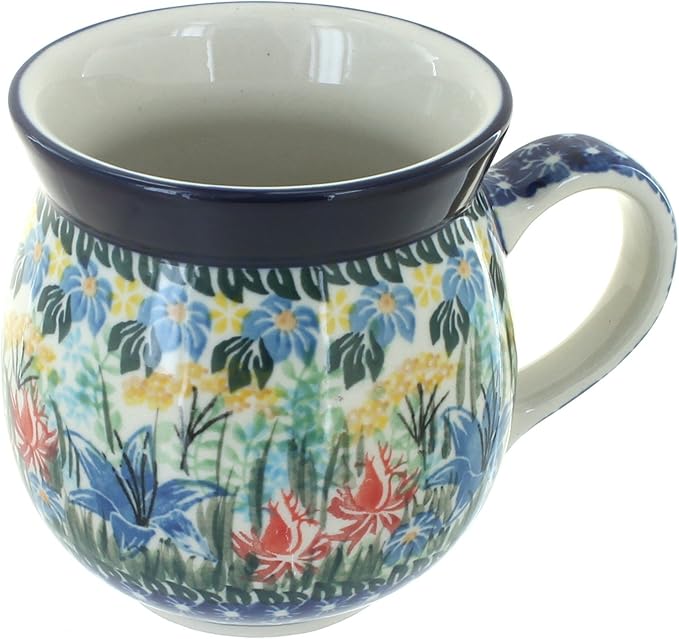Blue Rose Polish Pottery - Blue Day Lily Bouquet Bubble Mug - 16 oz - Unique Shape Mug for Coffee & Tea