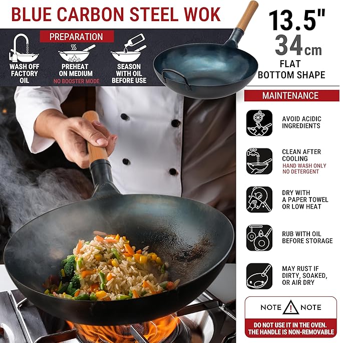 YOSUKATA 13.5” Blue Carbon Steel Wok Pan + 17’’ Spatula and Ladle + Premium Wok Cover 13.5 inch Pan Lid