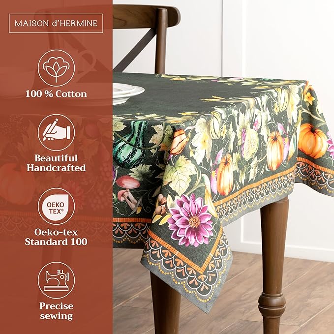 Maison d' Hermine Table Cloth Rectangle Table 100% Cotton 54 x 72 Inches Fall Tablecloth Reusable Everyday Use for Thanksgiving Christmas Decorations Dining Farmhouse (Pumpkin Garden - Dark Green)