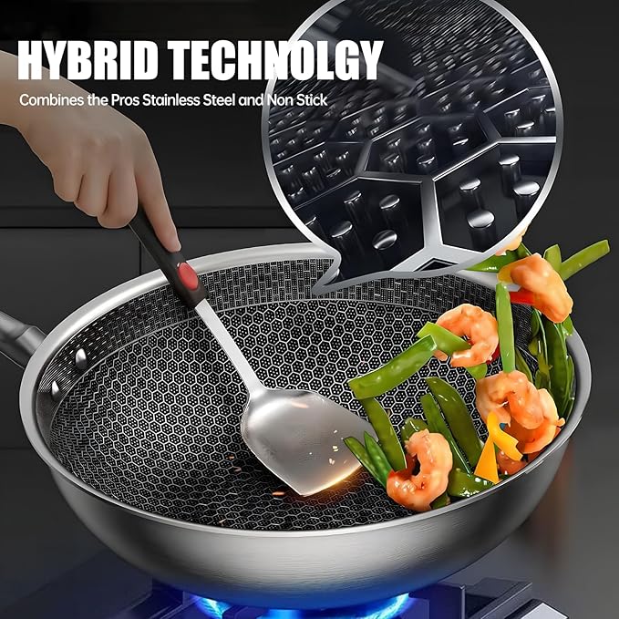 13.4” Stainless Steel Wok Pan with Lid – Honeycomb Non Stick Stir Fry Pan for Induction, Gas, Electric & Ceramic Cooktops – Tri-Ply Deep Frying Wok with Stay-Cool Handle, PFOA-Free